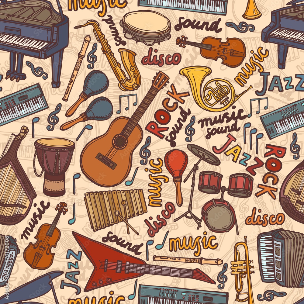 Obraz premium Musical instruments sketch seamless pattern