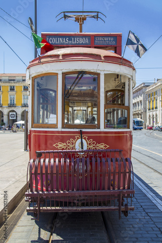 Traditional tram at the Commerce square in Lisbon, Portugal