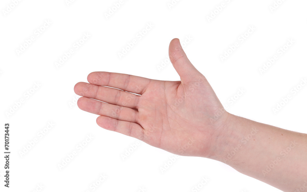 Open palm hand gesture of male hand. Open palm hand gesture of male hand.
