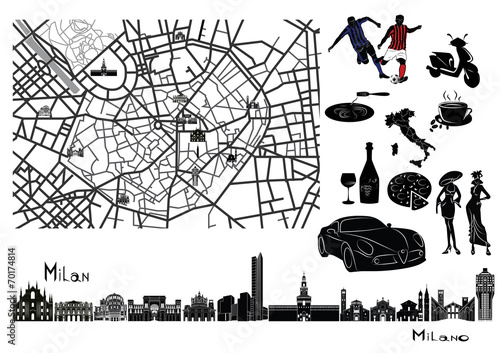 Map, sights  and hallmarks of Milan