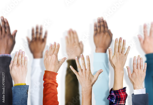 Multiethnic Group of Hands Raised