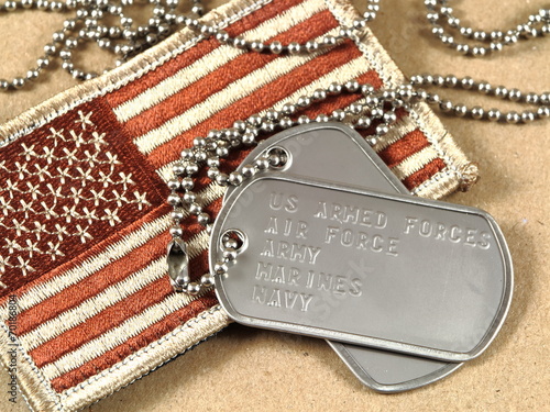 Military dog tags and camoflage flag