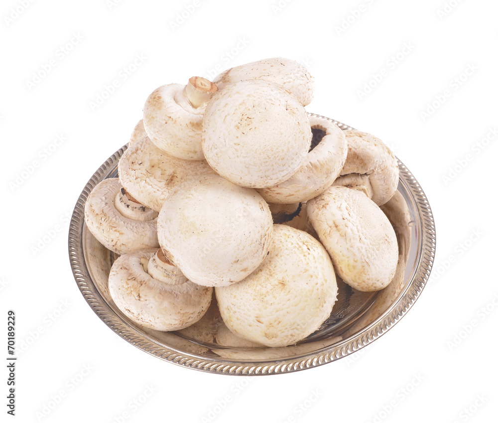 mushrooms in a metal container isolated on a white background mushrooms in a metal container isolated on a white background