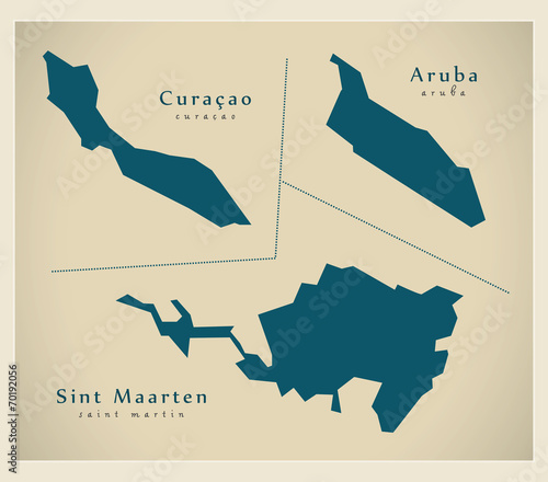 Moderne Landkarte - Übersee Provinzen Aruba, Sint Maarten, Cura