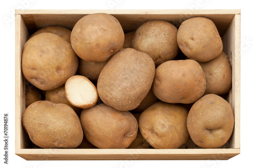 large potatoes in a wooden box