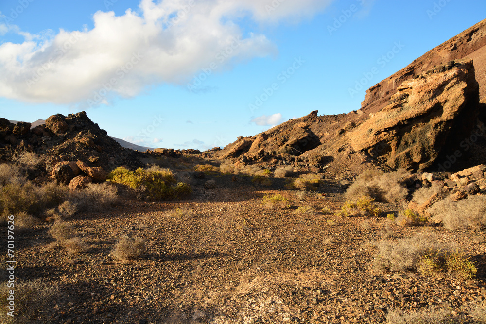 Panorámica de un paisaje desértico rocoso en Lanzarote