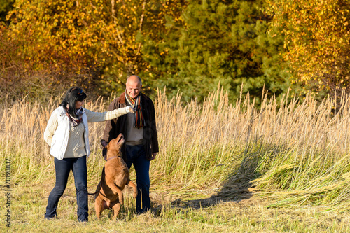 Couple playing with dog autumn sunny countryside © CandyBox Images