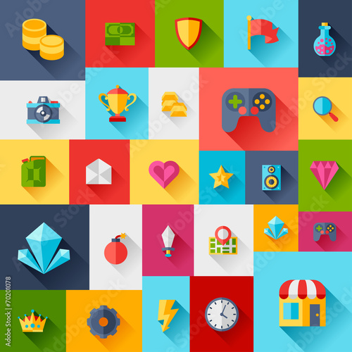Background with game icons in flat design style.