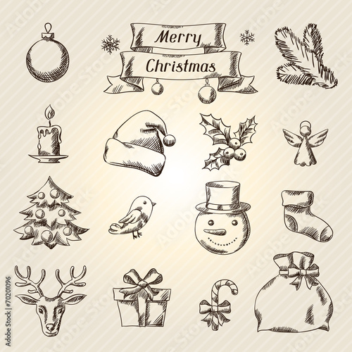 Set of Merry Christmas hand drawn icons and objects.