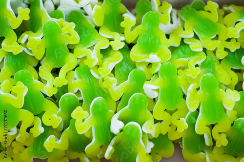 Obraz na płótnie Green jelly candies in the form of frogs on the counter w salonie