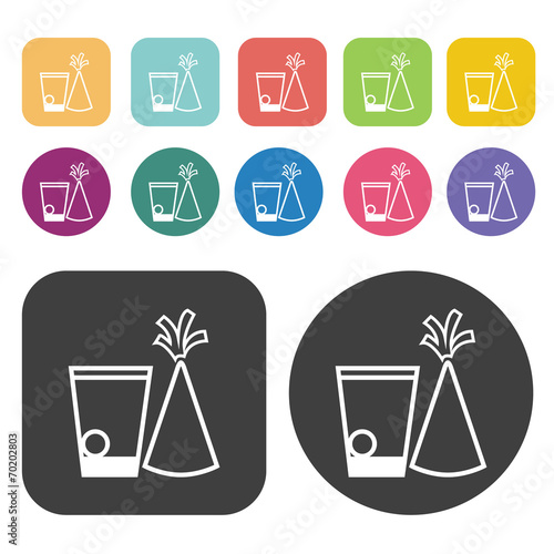 Glass and party hat icons. Party beer set. Round and rectangle c