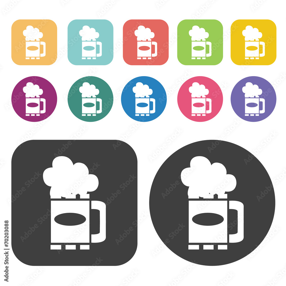 Mug with full of beer icons. Party beer set. Round and rectangle