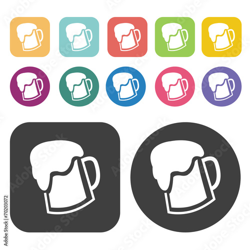 Bottle of beer and party hat icons. Party beer set. Round and re