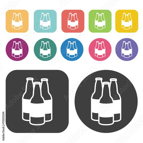 Bunch of beer bottles icons. Party beer set. Round and rectangle