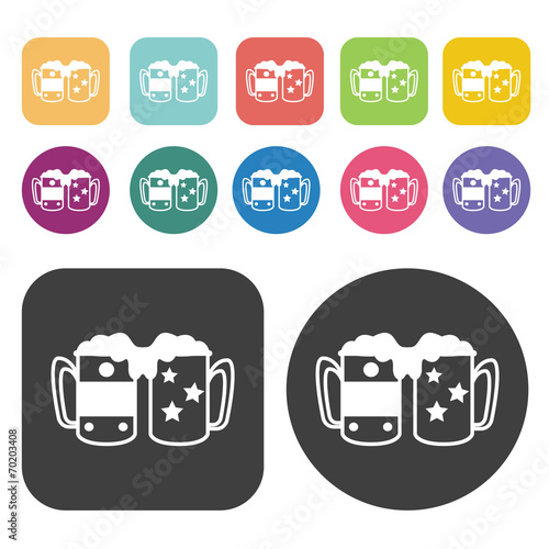 Mug of beer cheers icons. Party beer set. Round and rectangle co