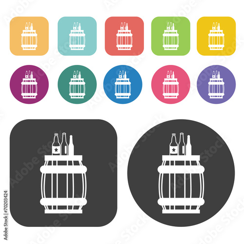 Beer bottle on top of barrel icons. Party beer set. Round and re