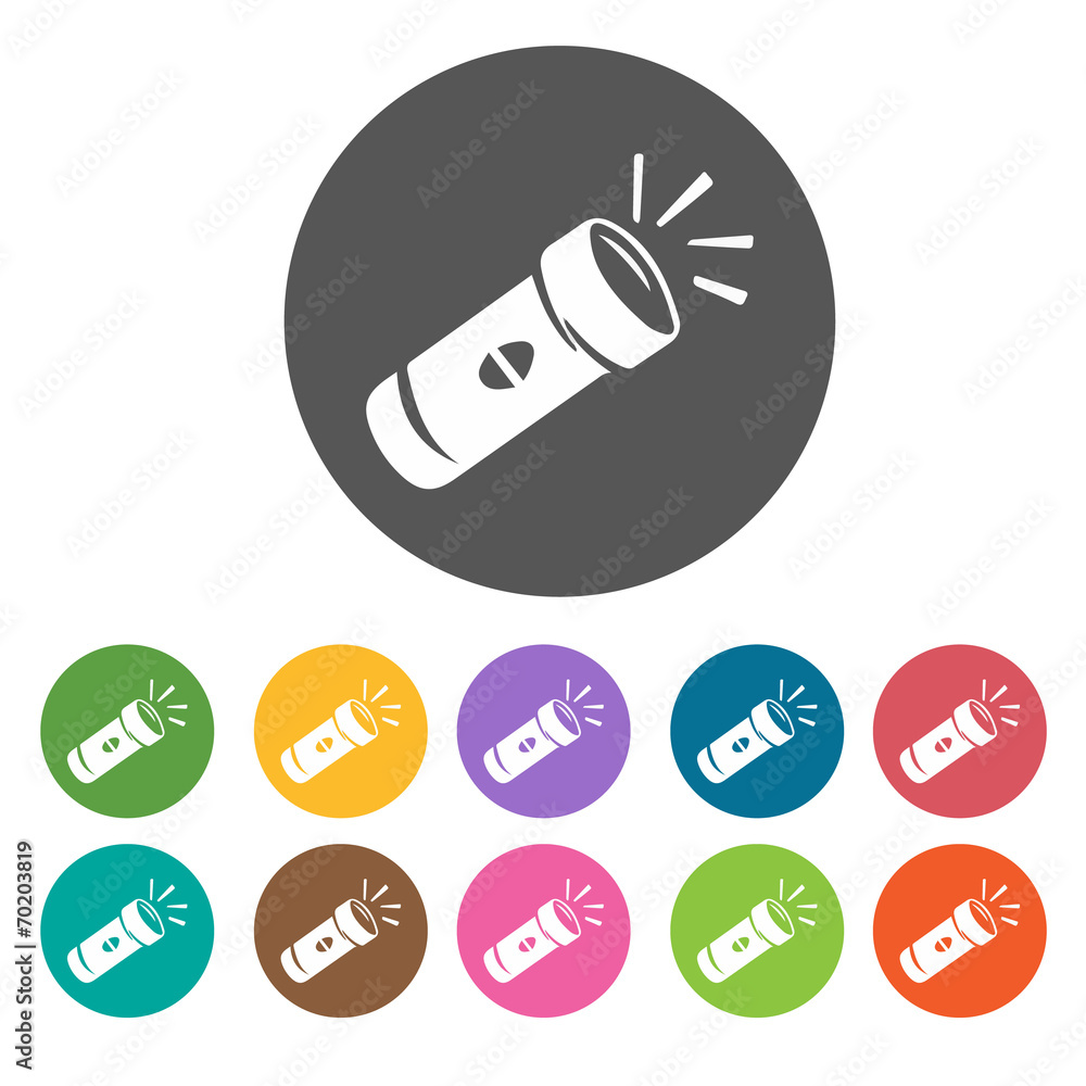 Flashlight icons. Camping hiking set. Round colourful 12 buttons Flashlight icons. Camping hiking set. Round colourful 12 buttons
