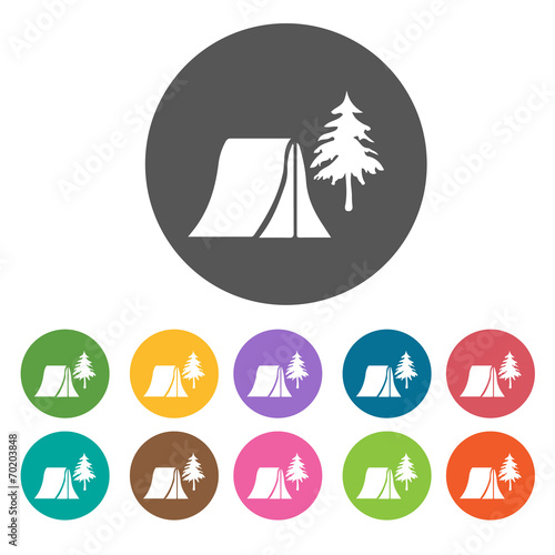 Tent and pine tree icons. Camping hiking set. Round colourful 12