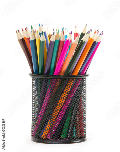 Colorful pencils in pail isolated on white photo