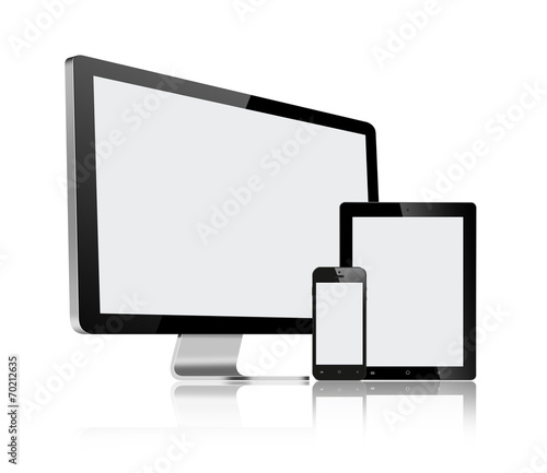 High resolution illustration set of modern computer monitor, tab