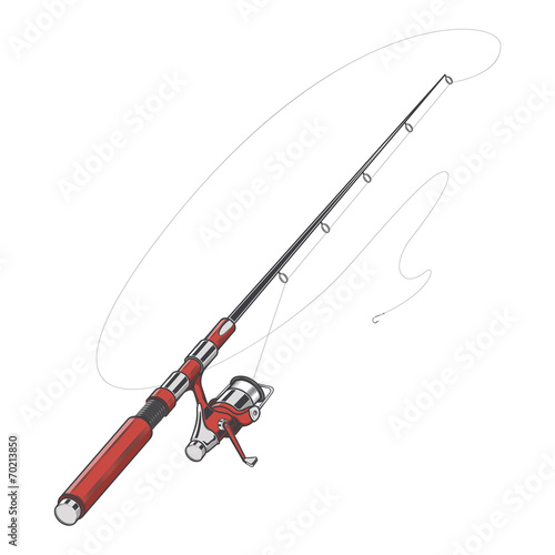 Red fishing rod, spinning with bait