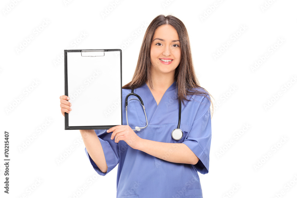 Female doctor holding a blank paper on clipboard Female doctor holding a blank paper on clipboard