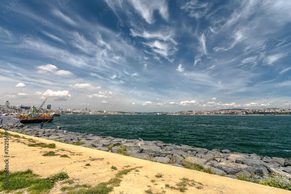 Panorama of the Bosphorus with ships and fishermens