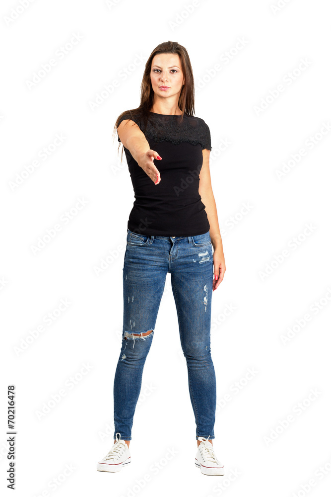 Woman offering handshake. Full body isolated. Woman offering handshake. Full body isolated.