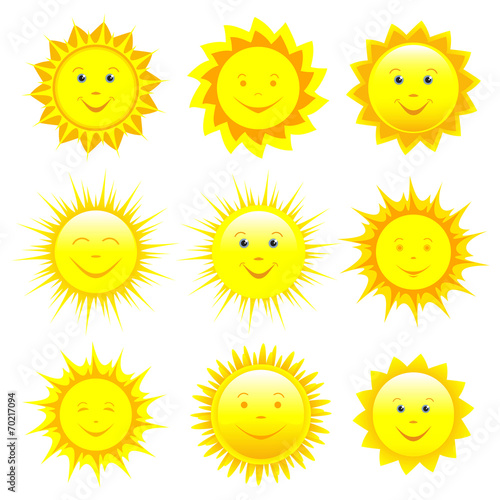 Set of smiling sun over white