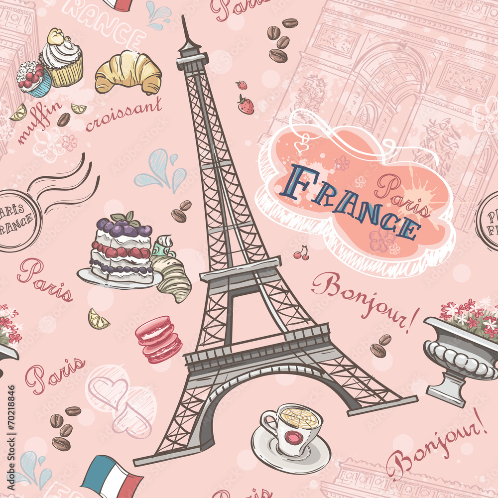 Naklejka Bezszwowy wzór na Paryż od romantycznych elementów