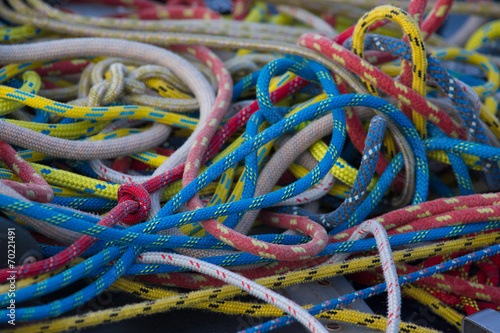 Rigging on a yacht. Colorful ropes. Shallow depth of field