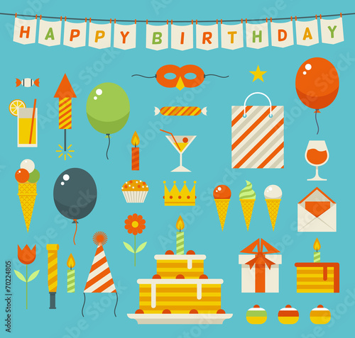 Birthday party flat vector icons.