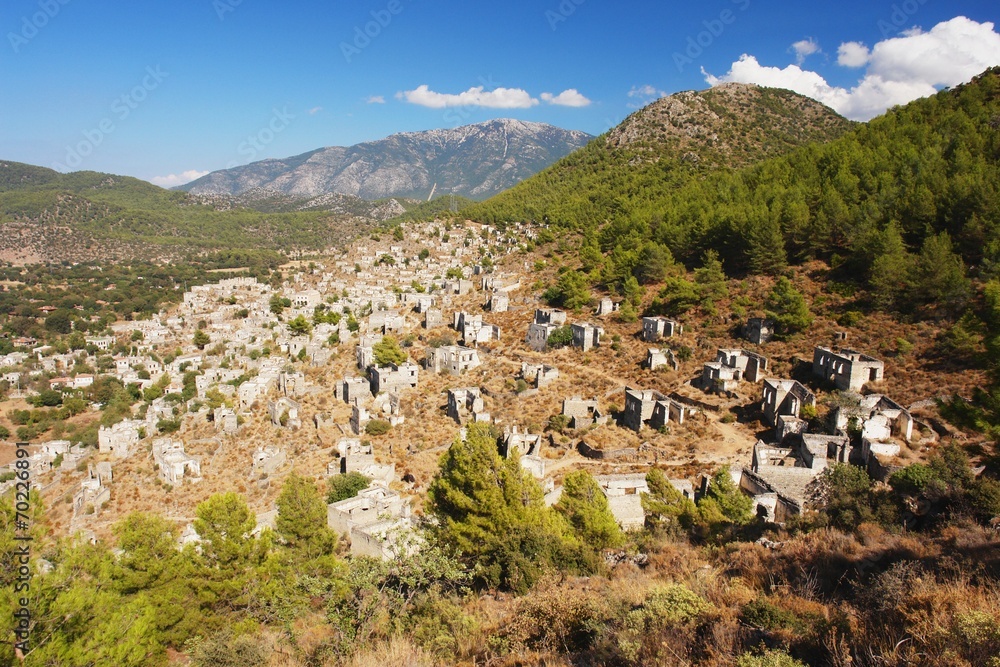 Panoramic view of the ruins in Kayakoy, Turkey