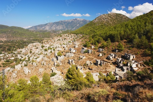 Panoramic view of the ruins in Kayakoy, Turkey