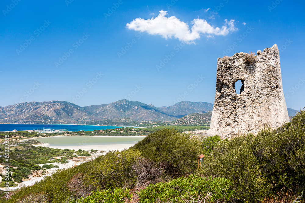 Old Tower of Porto Giunco bay.  Sardinia island. Italy.