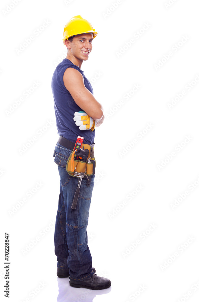 Full body portrait of a smiling worker, isolated on white backgr