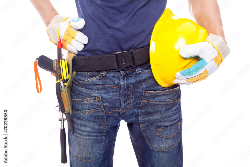 Close up of a worker with toolbelt and helmet, isolated on white Close up of a worker with toolbelt and helmet, isolated on white