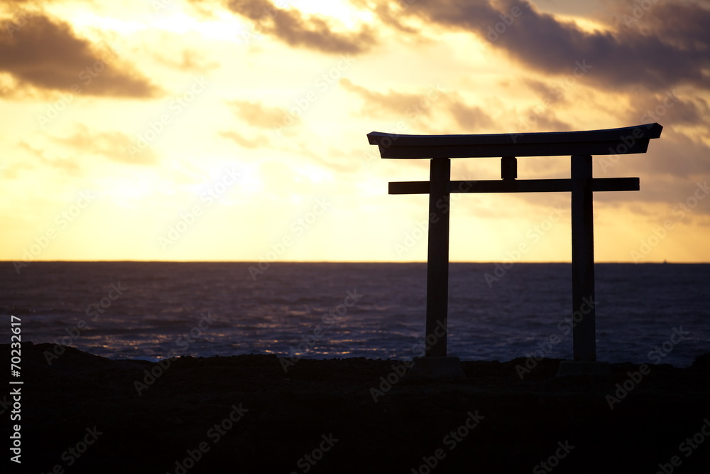 Japan landscape of traditional Japanese gate and sea Japan landscape of traditional Japanese gate and sea