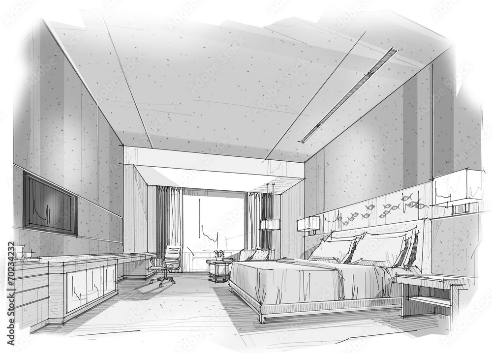Architectural interior drawing bedroom sketch Stock Illustration  Adobe  Stock