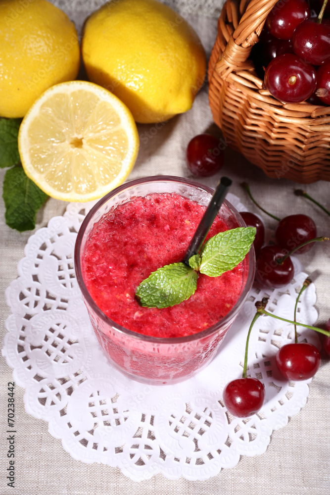 Fresh cold cherry cocktail with mint and lemon Fresh cold cherry cocktail with mint and lemon