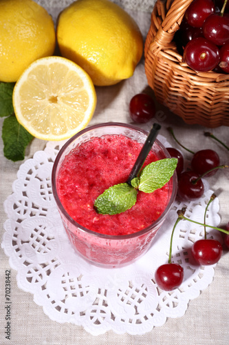 Fresh cold cherry cocktail with mint and lemon