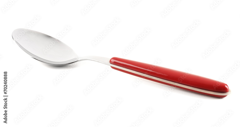 Metal spoon with brown plastic handle isolated on white Metal spoon with brown plastic handle isolated on white