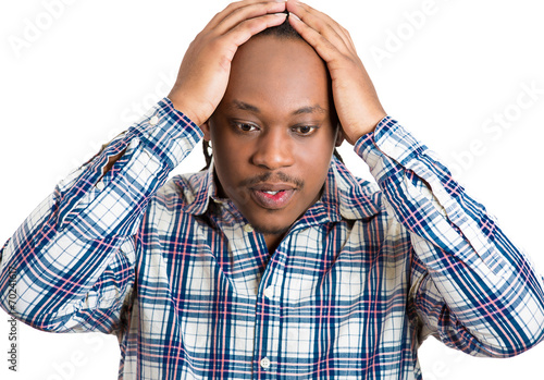 Worried upset stressed man isolated on white background 