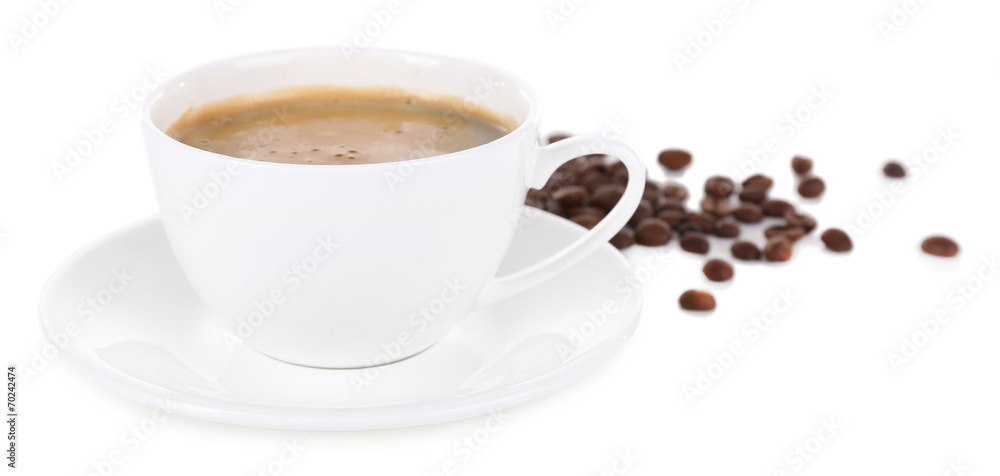 Cup of coffee with milk and coffee beans isolated on white Cup of coffee with milk and coffee beans isolated on white
