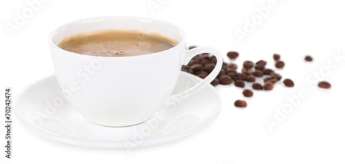 Fototapeta Naklejka Na Ścianę i Meble -  Cup of coffee with milk and coffee beans isolated on white