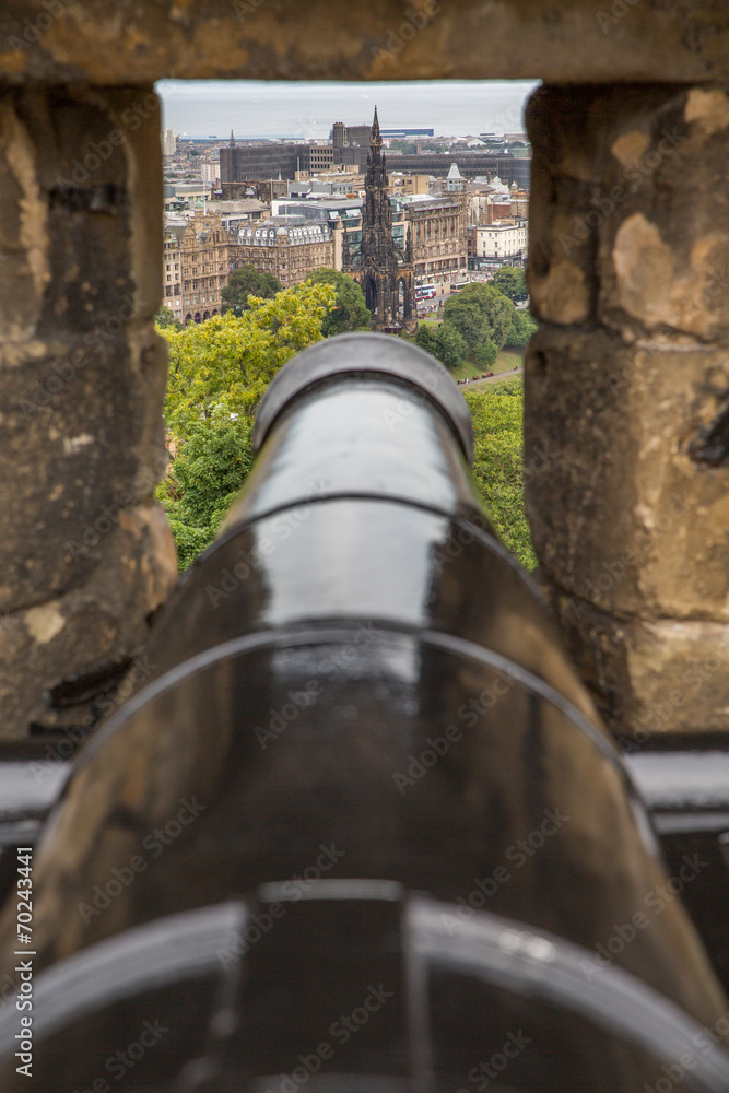 The Scott Monument through cannon space in Edinburgh