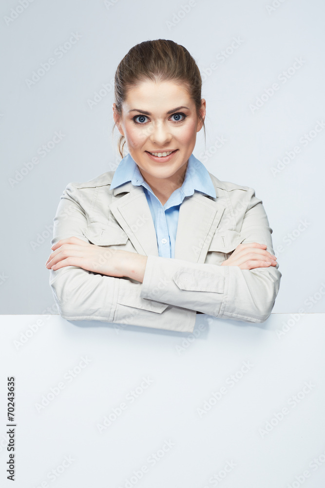 Business woman portrait, white banner background.