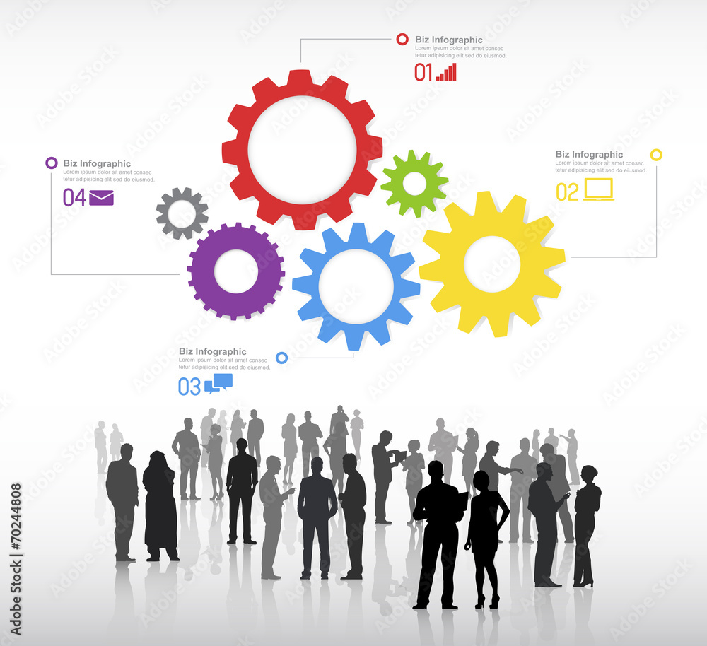 Silhouettes Of Business People Discussing And Multicolored Gears Silhouettes Of Business People Discussing And Multicolored Gears