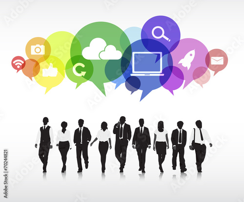 Silhouettes People Walking with Speech Bubbles and Symbols