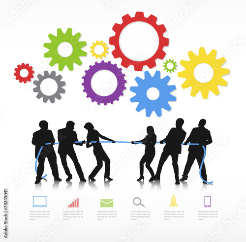 Business People Playing Tug of War with Gears Symbol